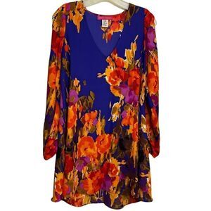 Anthropologie Cut Out Long Sleeve Floral Dress Orange and Purple Medium